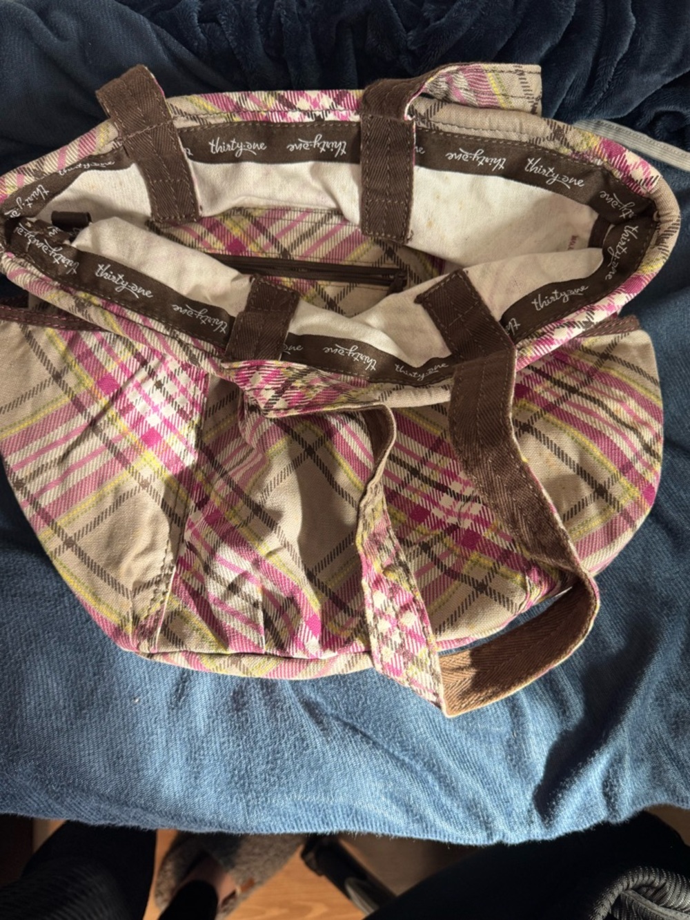 thirty-one Pink and Brown Plaid Canvas Tote